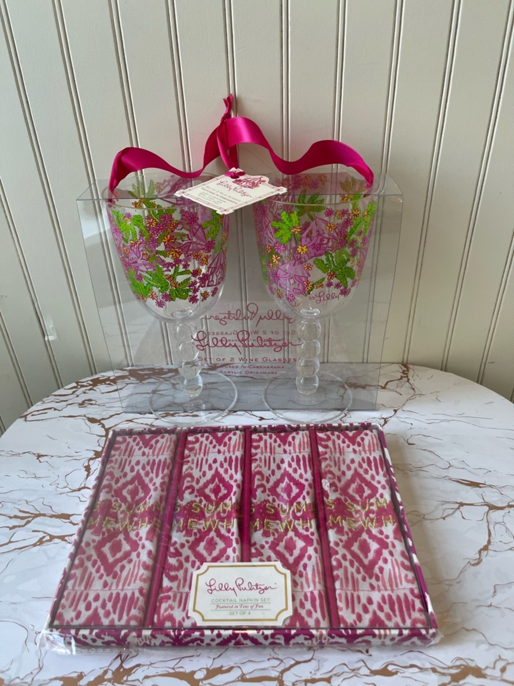 LILY PULITZER COVKTAIL NAPKIN SET & ACRYLIC WINE GLASS SET | NEW
